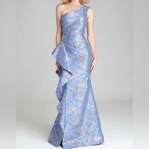 Teri Jon Jacquard One Shoulder Side Ruffle Gown